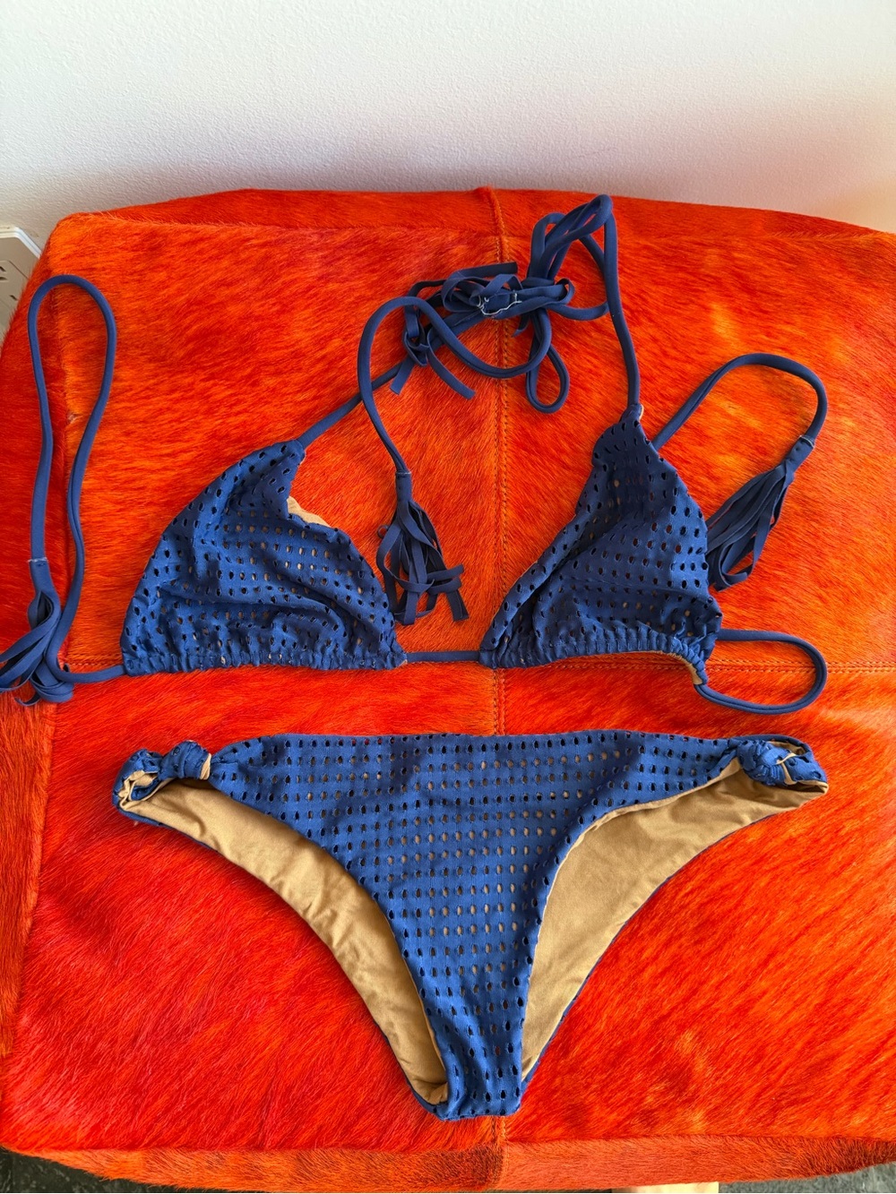 acacia swimwear Blue Textured Bikini Top with Tan Lining and knotted sides.